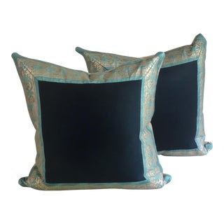 Pair of Mitered Fortuny, Wool Sateen and Wool Pillows For Sale
