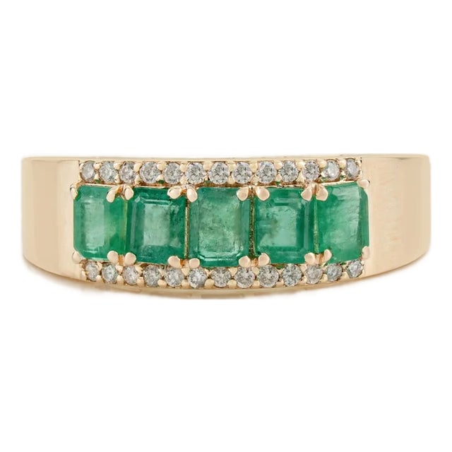 1.01ct Emerald and Diamond Statement Wide Band Ring in 14k Yellow Gold Size 5.5 For Sale