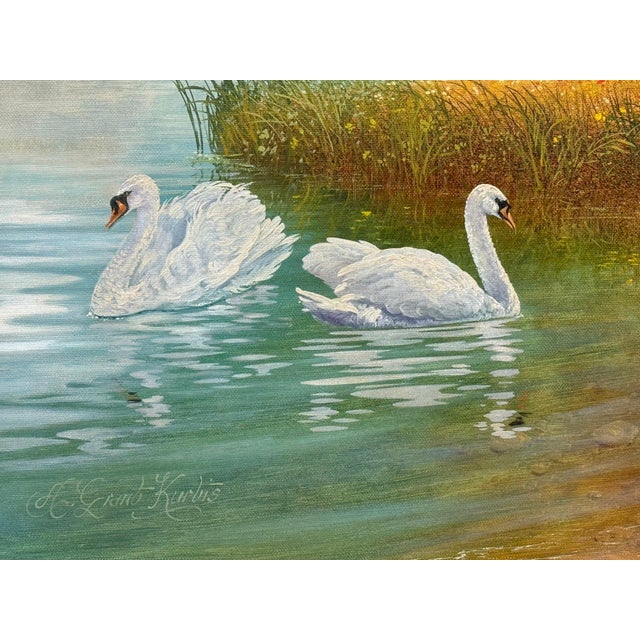 Realism Swans on a River with Wild Flowers in the English Countryside by British Artist 1980 Circa For Sale - Image 3 of 18