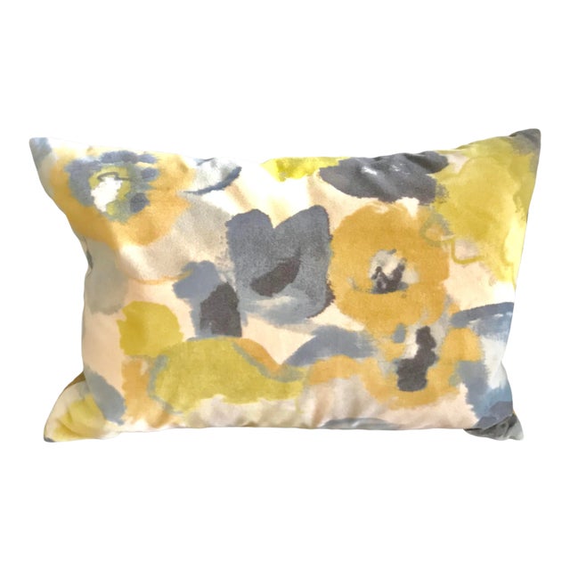 Yellow and Navy Rectangular Watercolor Velvet Pillow With Feather Filling For Sale