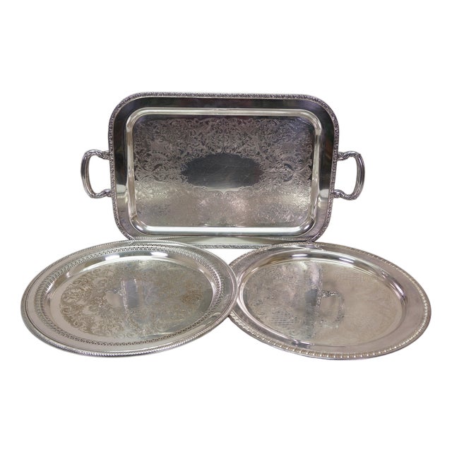 Vintage Silverplate Bar Butler Serving Trays Platters Oneida Rogers Leonard - Set of 3 For Sale