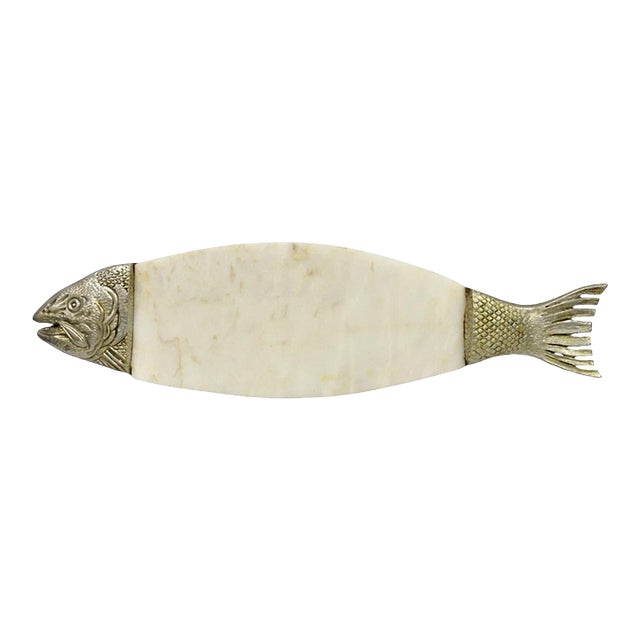 Vintage Mid Century Modern Fish Marble Metal Cutting Board Sushi Serving Platter For Sale