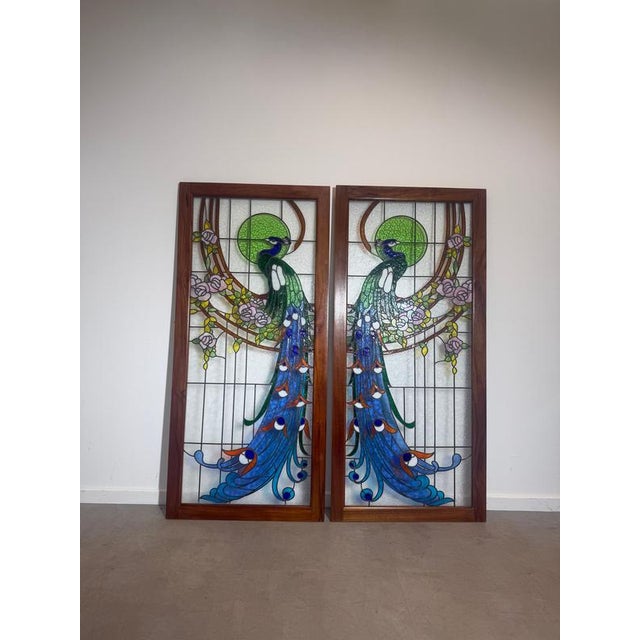 Vintage Stained Glass Peacock Window Panel For Sale - Image 3 of 6