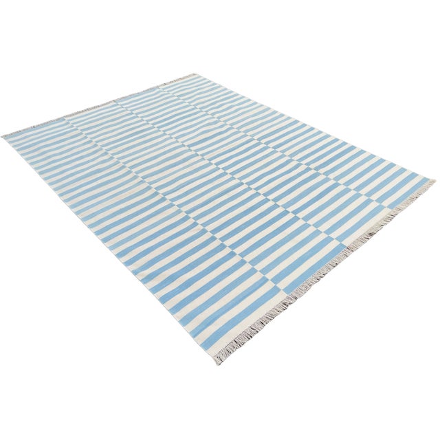 Handmade Reversible Cotton Vegetable Dyed Blue and White Striped Rug-8'x10' For Sale - Image 11 of 11