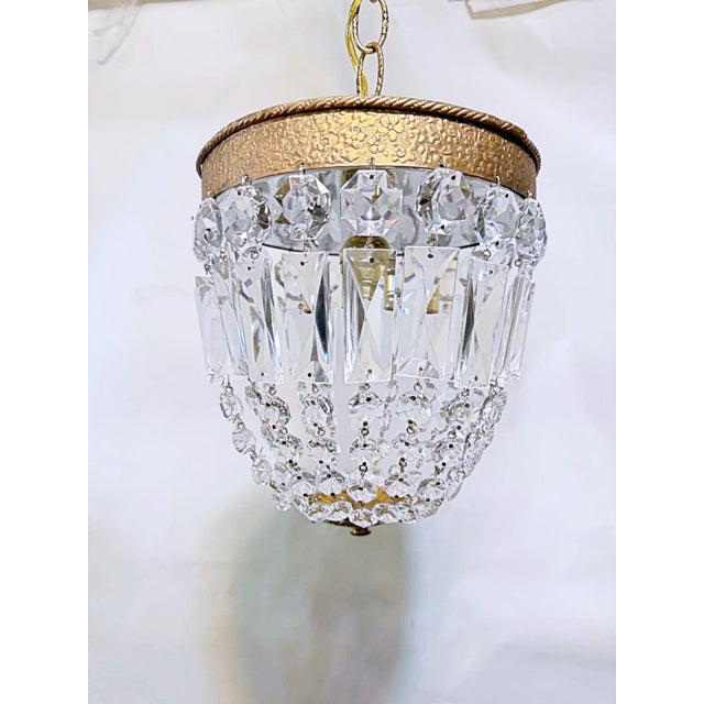 Vintage Brass Crystal Basket Chandelier With Ornate Floral Detailing Frame For Sale - Image 10 of 10