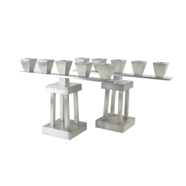 Vintage Art Deco Brushed Aluminum 5-Light Candle Holders - a Pair For Sale - Image 4 of 12