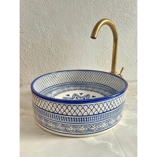Navy Blue Vessel Sink for Bathroom, Handmade Ceramic Basin With Brass Drain For Sale - Image 6 of 8