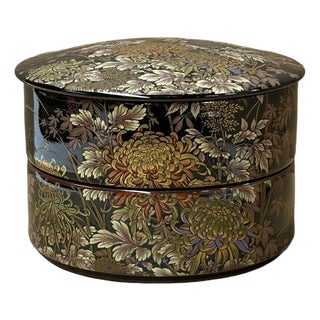 5" Oriental Black Glaze Porcelain Stack Round Box Golden Flower Graphic For Sale