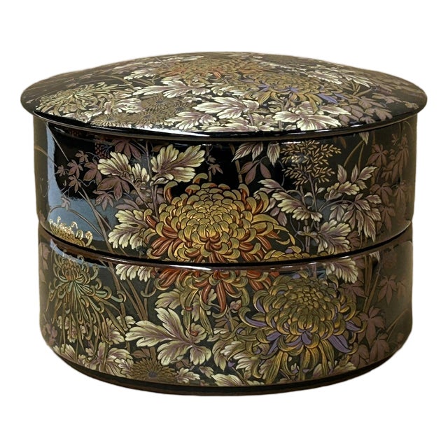 5" Oriental Black Glaze Porcelain Stack Round Box Golden Flower Graphic For Sale