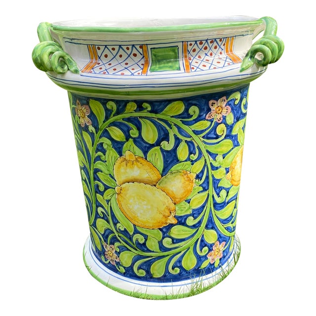 Vintage Vietri Large Vase/Planter/Umbrella Stand, Lemon Themed For Sale