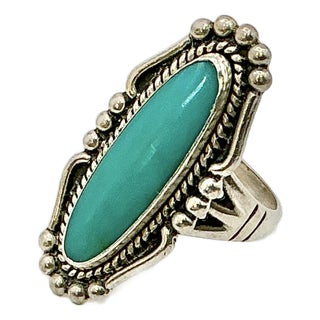 1970s Vintage Southwestern Navajo Elongated Oval Turquoise & Sterling Ring, Artist Signed, Size 7.75 For Sale