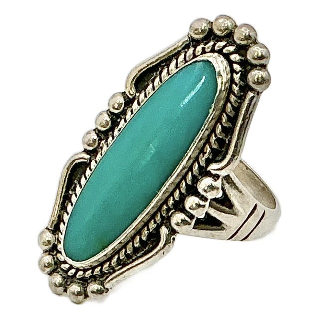 1970s Vintage Southwestern Navajo Elongated Oval Turquoise & Sterling Ring, Artist Signed, Size 7.75 For Sale