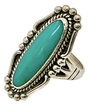 1970s Vintage Southwestern Navajo Elongated Oval Turquoise & Sterling Ring, Artist Signed, Size 7.75