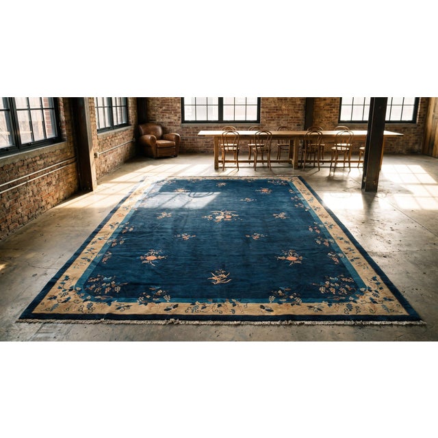 Blue Awesome Blue and Yellow Goldenrod Color With Special Florid Design Antique Chinese Peking Rug For Sale - Image 8 of 9
