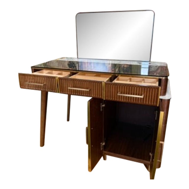 2020s Walnut Wood Makeup Vanity Table & Mirror For Sale