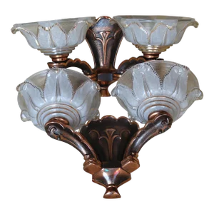 1920 Large French Art Deco Copper Cast With Art Glass Wall Sconces Attributed to Atelier Petitot - a Pair