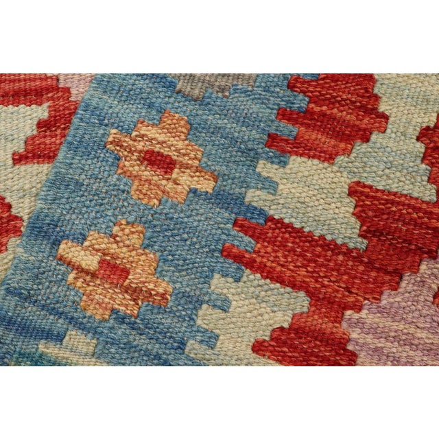 Blue Shabby Chic Kilim Kelvin Red Blue Hand-Woven Wool Rug For Sale - Image 8 of 9