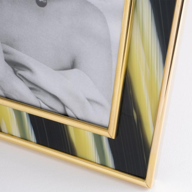 Metal Montagnani Gilded Brass and Faux-Horn Lucite Inlaid Picture Frame For Sale - Image 7 of 9