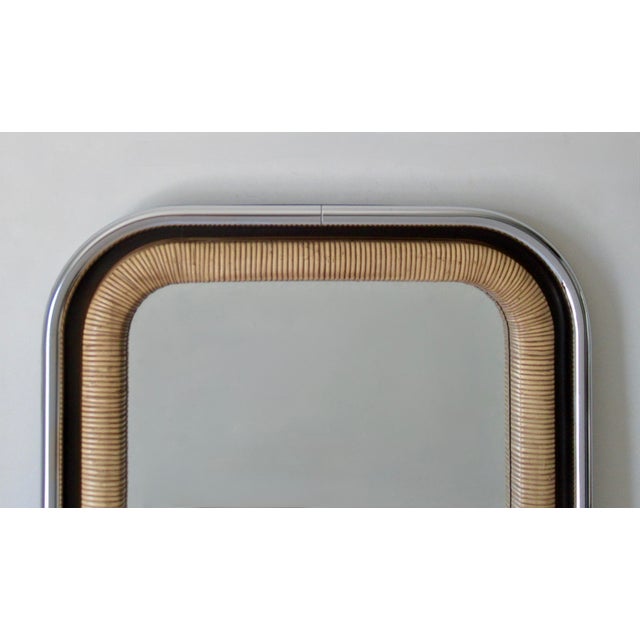 Boho Chic Tubular Chrome, Radius Rounded Wall Mirror With Wood, Chrome & Reeded Pencil Trim Wicker For Sale - Image 13 of 17