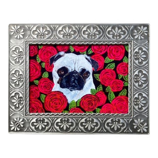 Contemporary Pug in Red Roses Small Dog Print by Judy Henn Vintage Tabletop Metal Frame For Sale