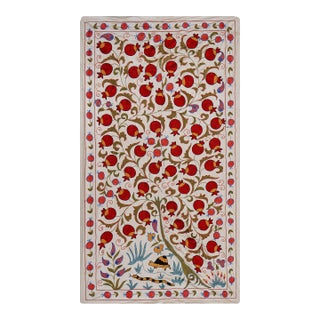 Beige Uzbek Suzani Embroidered Wall Hanging – Pomegranate, Horse Boho Textile 3'4'' X 6'2'' For Sale