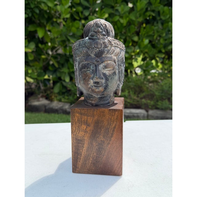 Mid-Century Modern Vintage Asian Bronze Buddha Head on Wood Pedestal For Sale - Image 3 of 12