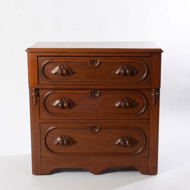 Late 19th Century Antique Walnut Three Drawer Chest With Fruit Carved Pulls For Sale - Image 5 of 8