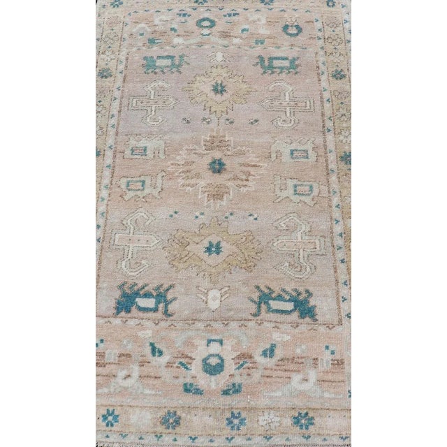1940s Turkish Oushak Vintage in Variation of Muted Colors, Tan, Pink, Teal & Lt. Brown 2'5"x4'2" For Sale - Image 5 of 9