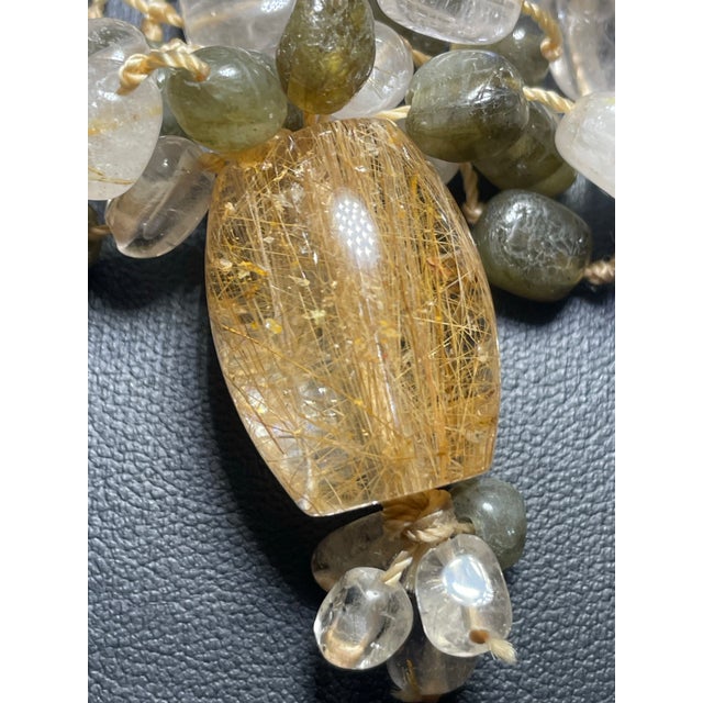 Gemstone Gemstone Necklace Four Strand, Contrasting Rutile Quarts and Labradorite With Large Barrel Beads of Golden Rutile Quartz and Stone Clasp. For Sale - Image 7 of 8
