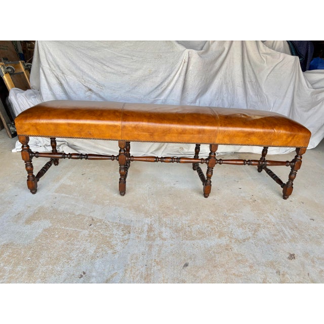 Late 19th Century French Louis XIV Style Walnut and Leather Bench For Sale - Image 12 of 12