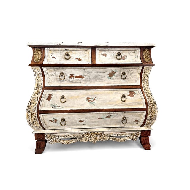 This elegant bombe chest has been artistically refinished in a soft yellow sage patina, created through layered pigments...