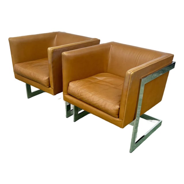 Pair of 1970s Milo Baughman for Thayer Coggin Cube Chairs in Chrome and Leather For Sale