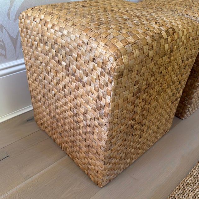 Wood Pair of Vintage Woven Natural Fiber Cube Ottomans For Sale - Image 7 of 12
