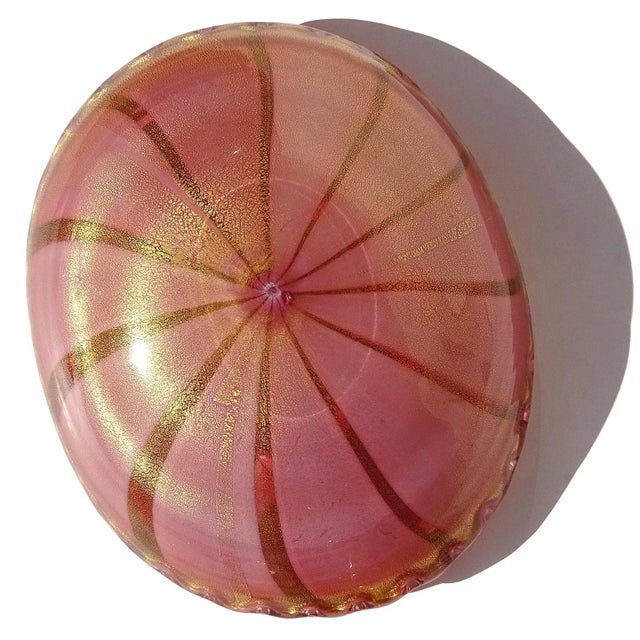 Vintage Murano Mid Century Pink Aventurine Ribbons Gold Flecks Italian Art Glass Scalloped Rim Bowl For Sale - Image 10 of 10