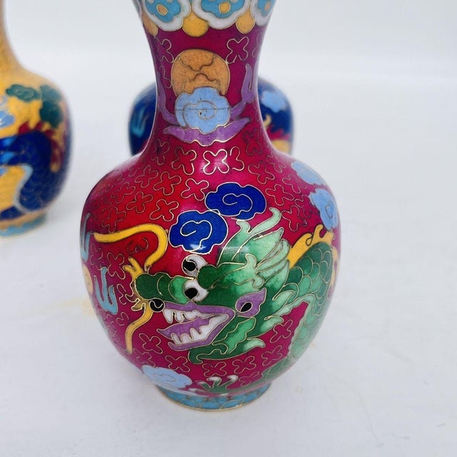 Metal Set of 4 Vintage Cloisonné Enamel Dragon Vases With Gilt Rims For Sale - Image 7 of 9