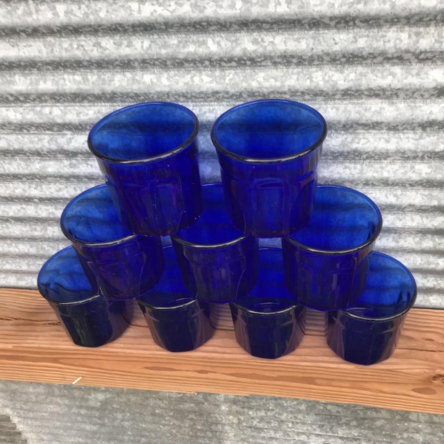 Vintage French Cobalt Blue 10 Panel Short Tumbler Glasses Set of 9