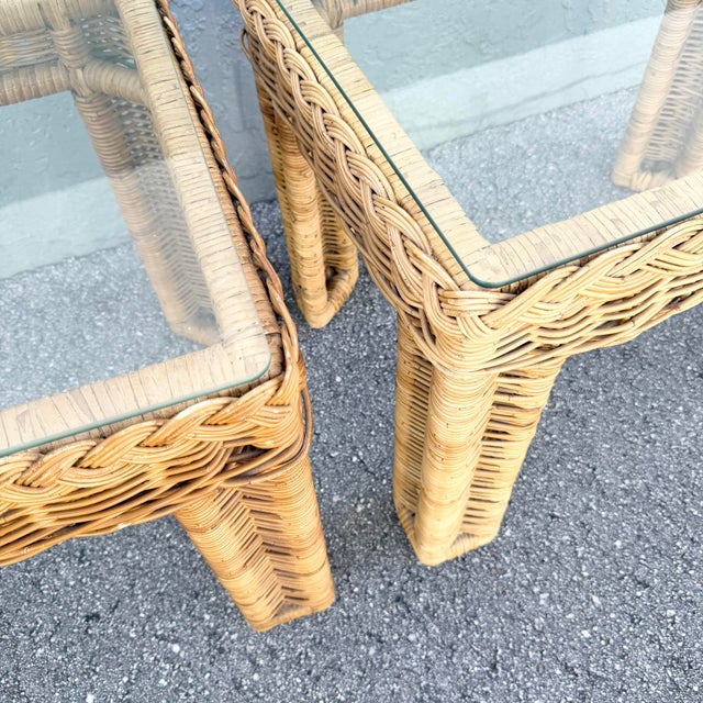 Brown Boho Chic Woven Wicker Glass Top Side Tables - A Pair For Sale - Image 8 of 8