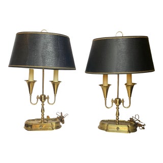 1950s Brass Bouillotte Table Lamps With Black Faux Ostrich Shades, Pair For Sale