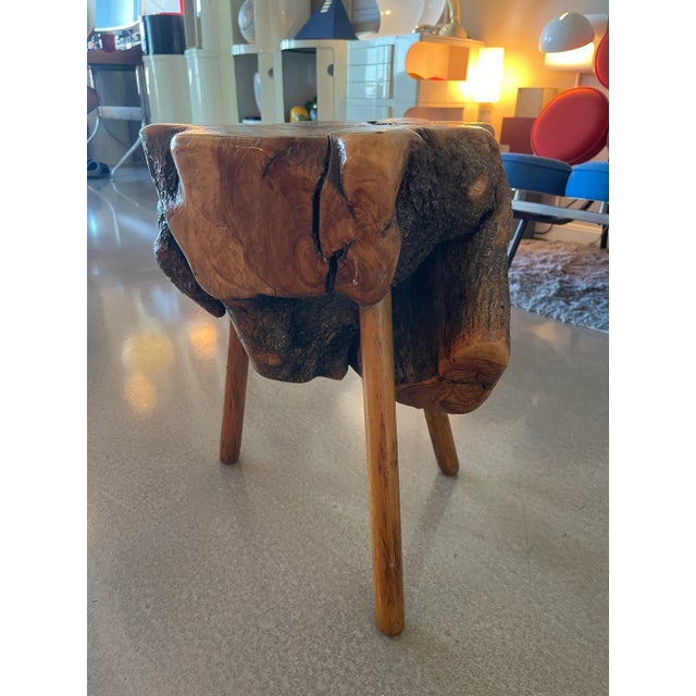 1960s Mid Century Cypress Root Side Table Live Edge Burl Tripod Stool George Nakashima Style Sculptural Organic Studio Craft For Sale - Image 4 of 11