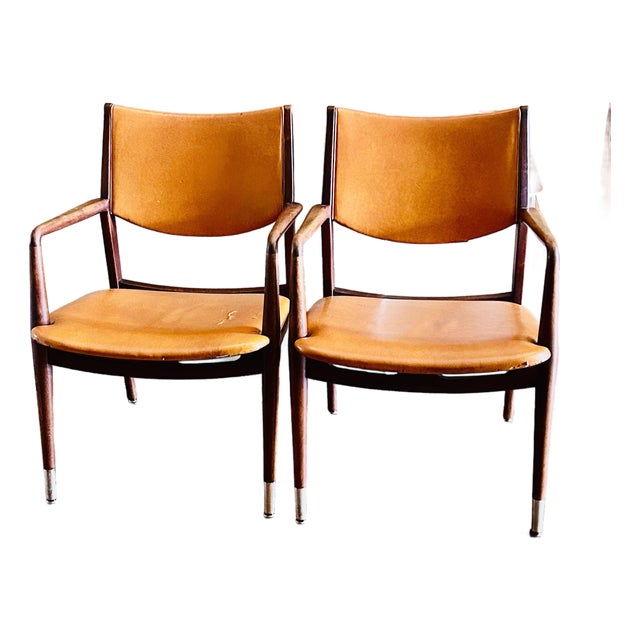 Pair of Stow and Davis Mid -Century Walnut and Brass Chairs For Sale