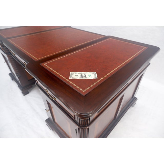 Large Double Pedestal Embossed Leather Top Mahogany Partners Desk MINT For Sale - Image 6 of 14