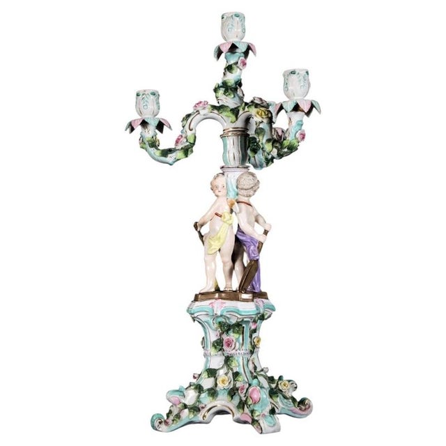 An exceptional and highly unusual 19th-century German porcelain figural candelabra attributed to Sitzendorf, combining...