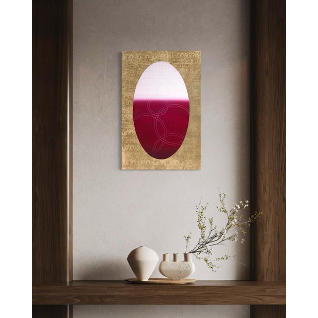 A deep, wine-dark burgundy fills the lower half of this oval, fading upward into a pale, soft blush pink, the transition...