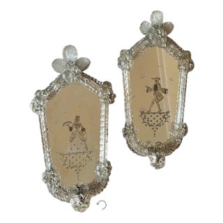 Venetian Mirrors in Murano Glass Deco and Candleholders, Italy, 1940s, Set of 2 For Sale