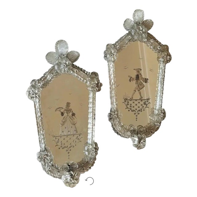 Venetian Mirrors in Murano Glass Deco and Candleholders, Italy, 1940s, Set of 2 For Sale
