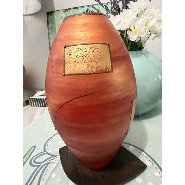 Art Nouveau Designed Art Glass Vase Hand-Painted, With Raised Metal Browns & Golds Coloring, Abstract Contemporary Design, With Art Nouveau Influence For Sale - Image 3 of 8