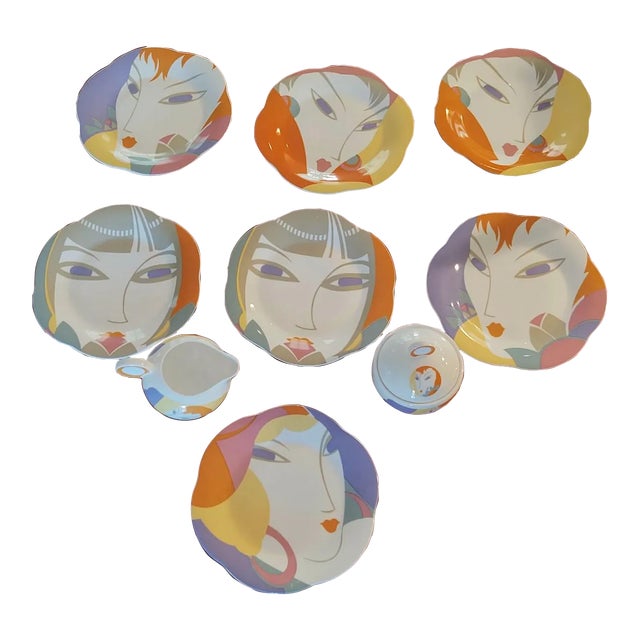1980s “Visage” Salad Plates and a Cream and Sugar Set by Larry Laslo- 10 Pieces For Sale