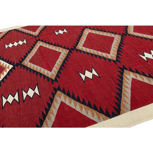 Red 9x12 Modern Navajo Style Geometric Area Rug Handmade Red & Cream Wool Flatweave For Sale - Image 8 of 11