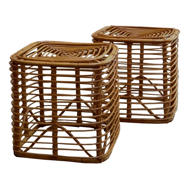 Square Rattan and Bamboo Stools by Tito Agnoli, Italy, 1960s, Set of 2 For Sale