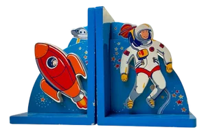 Vintage Astronaut and Rocket Bookends in Lacquered Wood, 1980s, Set of 2